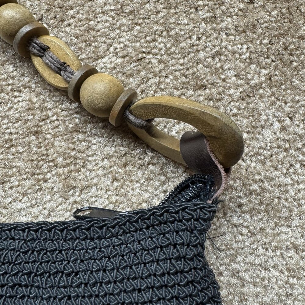 Cappelli Black Crochet Shoulder Bag With Wooden Beaded Handle Lined Interior & Z - Picture 7 of 10
